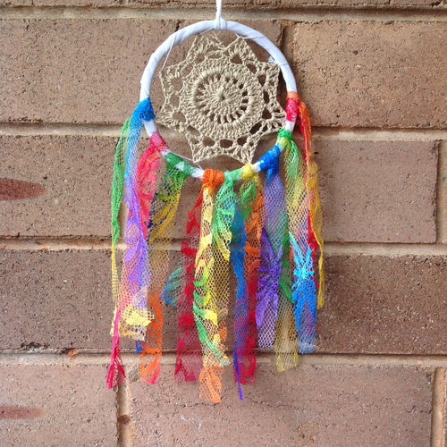 Dreamcatcher Boho Beige Crochet Rainbow Hand Dyed 11cm