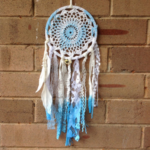 Dreamcatcher Boho Hand Dyed Blue and White Crochet 16cm