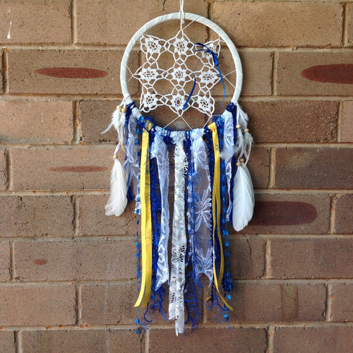 Dreamcatcher Handmade Vintage Boho Crochet Blue and Yellow 21cm