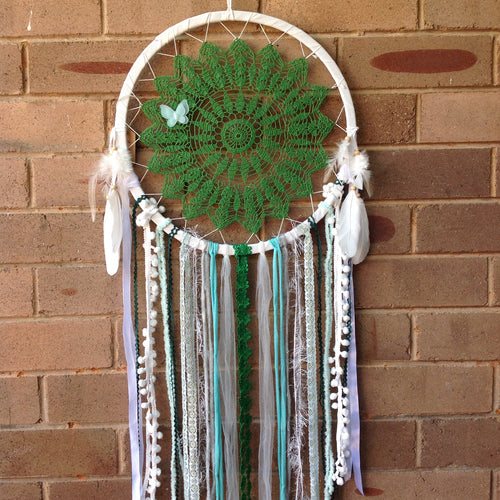 Dreamcatcher Boho Vintage Handmade Crochet Green and White 35cm