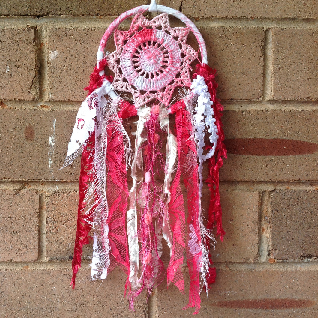 Dreamcatcher Boho Crochet Pink and Red Hand Dyed 11cm