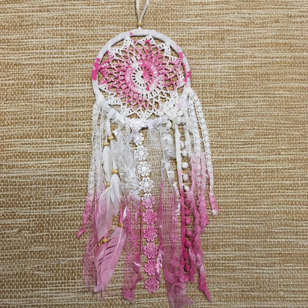 Dreamcatcher Boho Hand Dyed Pink and White Crochet 16cm